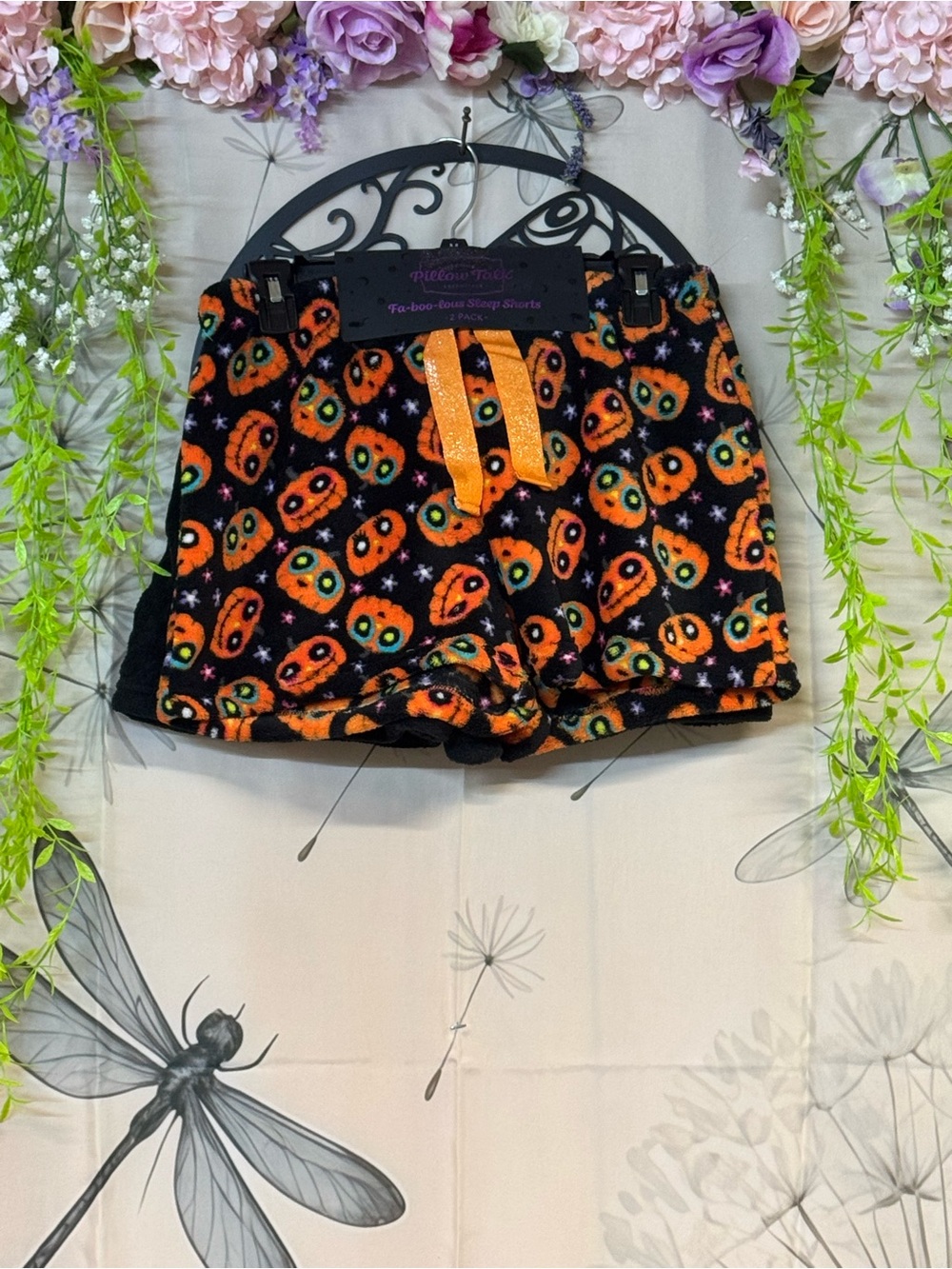 Pillow Talk Cozy Halloween Pumpkin Fleece Shorts - Black/Orange